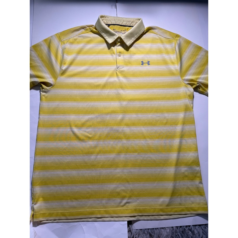 Under Armour HeatGear Polo‎ Shirt Yellow Striped Loose Fit Men's XL Golf
